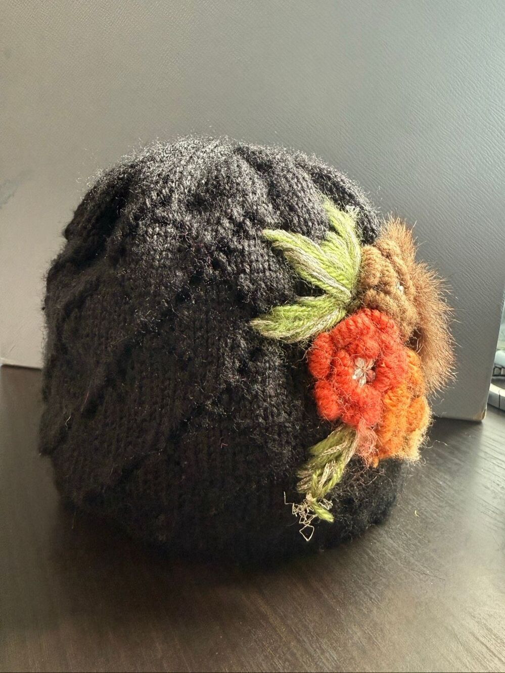 Black Floral Embellished Knit Beanie with Faux Fur Pom - Picture 3 of 6